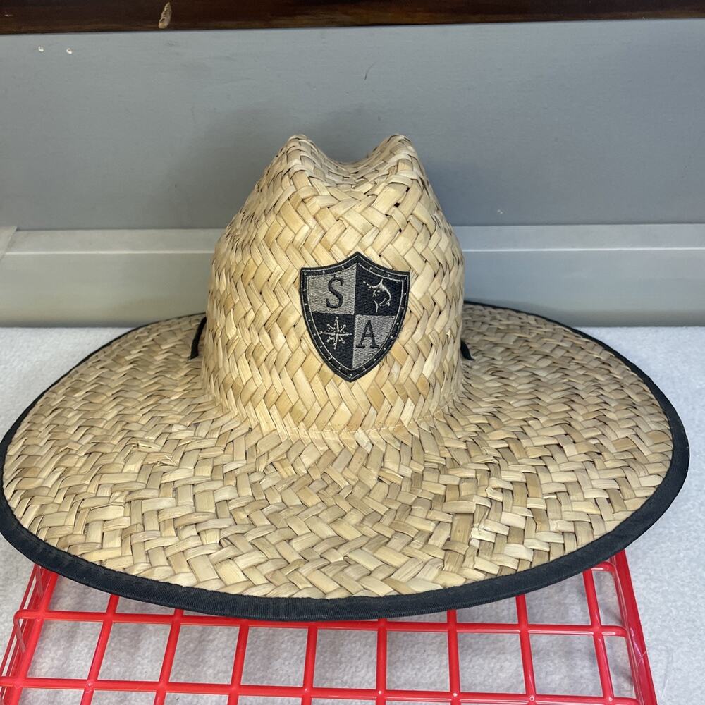 SA Palms Under Brim Straw Hat Flames Deco Silver And Black Emblem Drawstring
